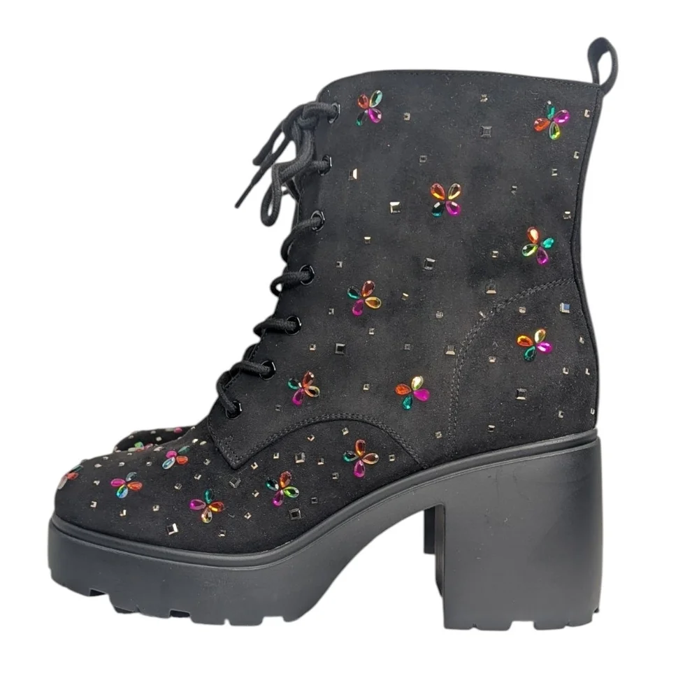 Betsey Johnson Micro Stones Chunky Heel Combat Boots | Size 11.5WW - Picture 2 of 10